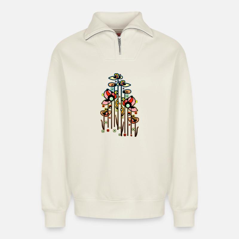 Fleur - Sweat unisexe décontracté en coton biologique à demi-zip – de SPREAD - blanc cassé