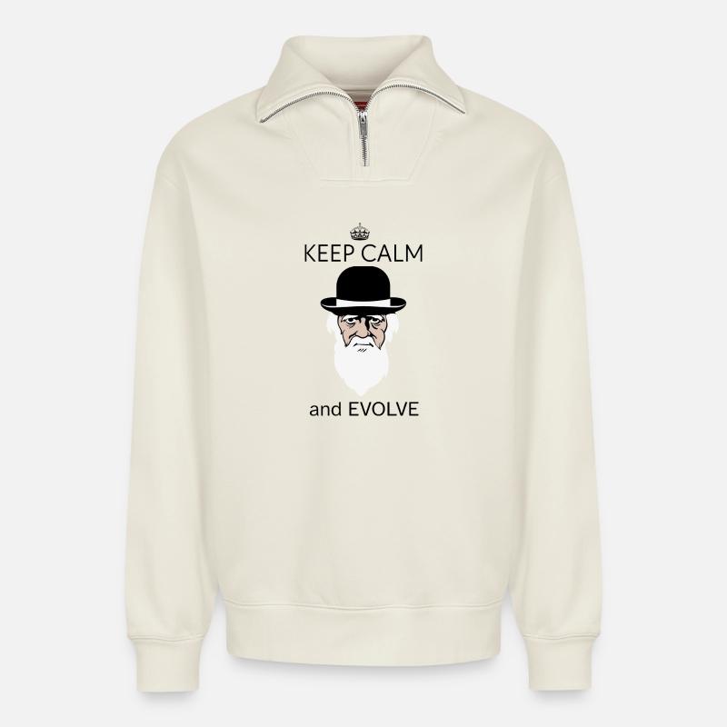 Darwin Keep Calm and evolve - Relaxed Unisex Organic Half Zip Sweatshirt – by SPREAD - off white