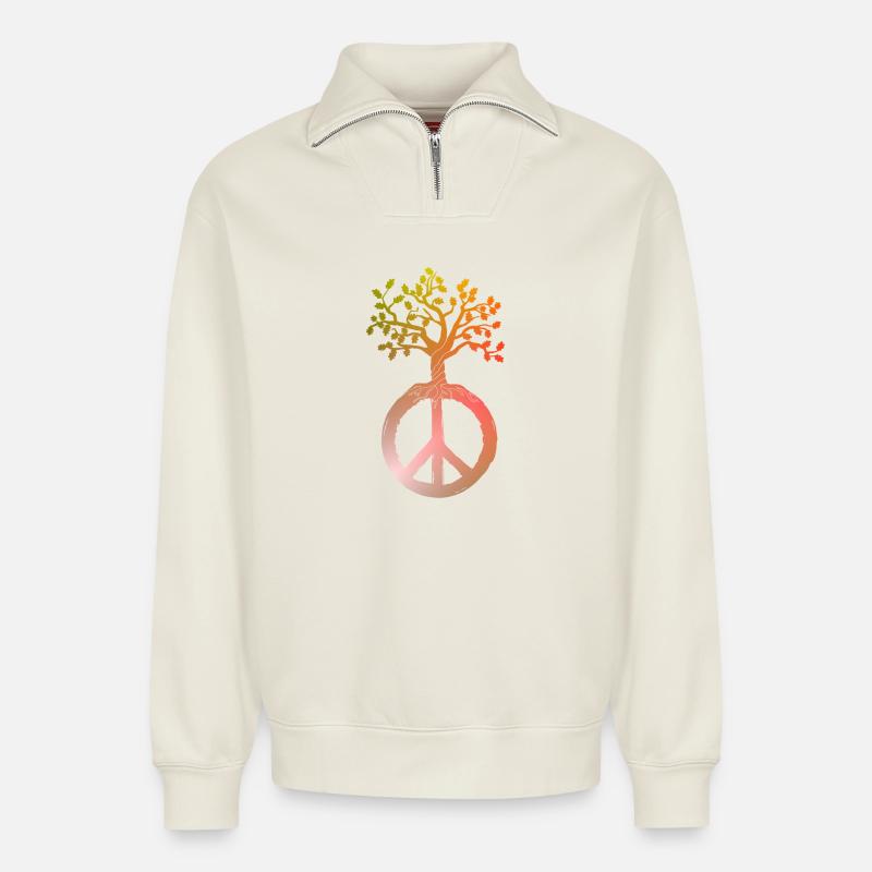 Peace Tree Peace - Relaxed Unisex Organic Half Zip Sweatshirt – by SPREAD - off white