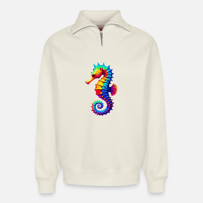 Hippocampe - Sweat unisexe décontracté en coton biologique à demi-zip – de SPREAD - blanc cassé