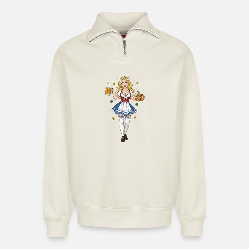 Oktoberfeest vrouw in dirndl - Relaxed Unisex Organic Half Zip Sweatshirt – von SPREAD - Naturweiß