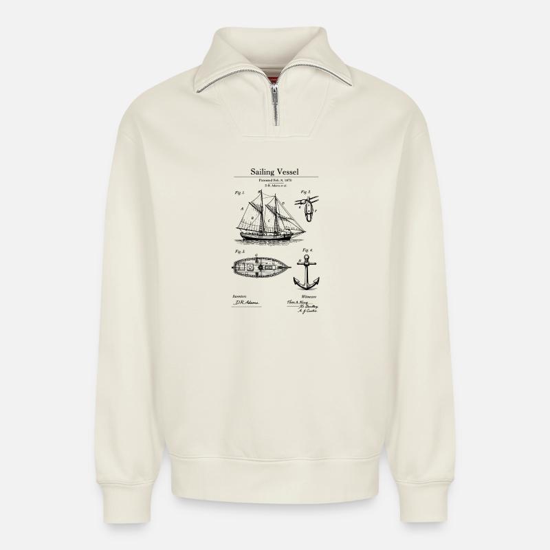 Klassisches Segelschiff-Bauplan - Relaxed Unisex Organic Half Zip Sweatshirt – von SPREAD - Naturweiß