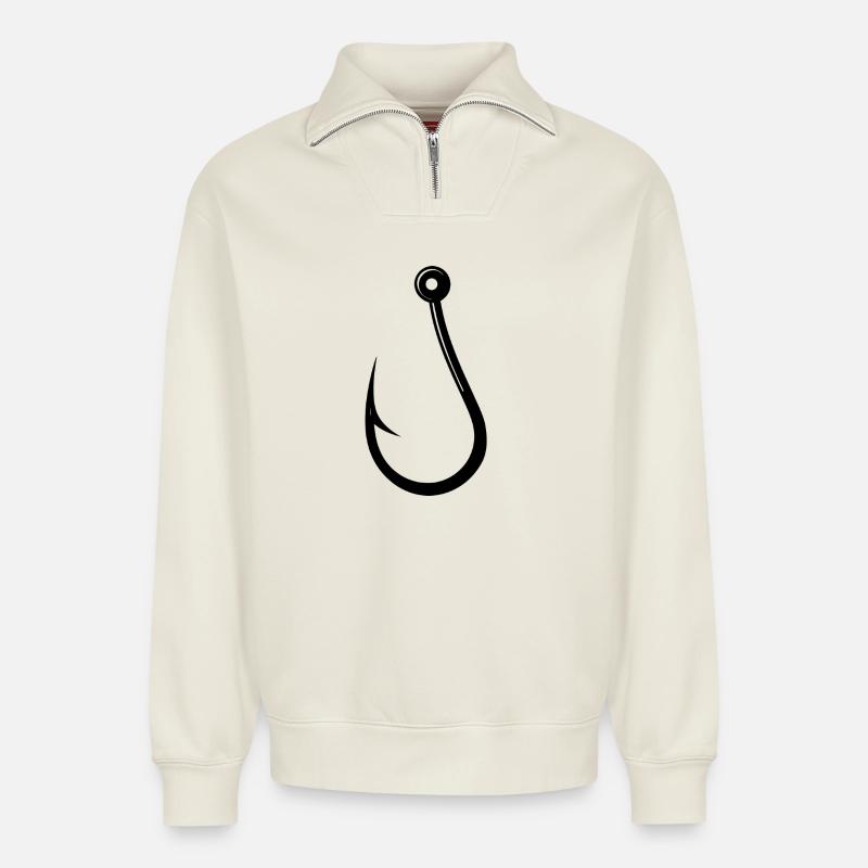 Fish hook - Relaxed Unisex Organic Half Zip Sweatshirt – by SPREAD - off white