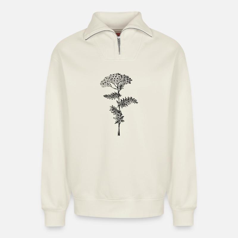 Fleur d’achillée millefeuille - Sweat unisexe décontracté en coton biologique à demi-zip – de SPREAD - blanc cassé