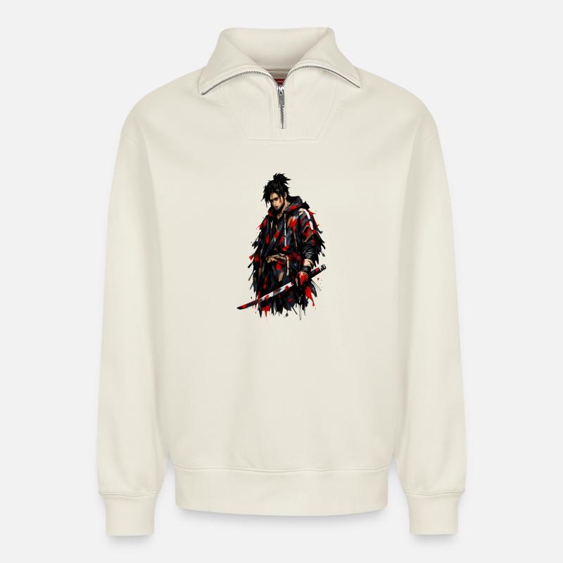 Red Shadow Samurai - Relaxed Unisex Organic Half Zip Sweatshirt – by SPREAD - off white
