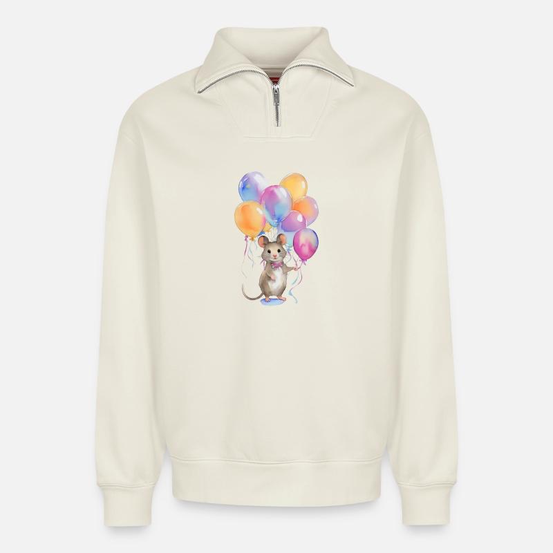 Maus mit Luftballons - Relaxed Unisex Organic Half Zip Sweatshirt – von SPREAD - Naturweiß