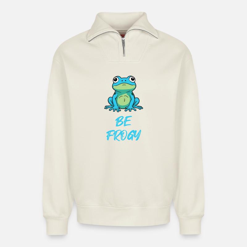 Frosch Blau - Relaxed Unisex Organic Half Zip Sweatshirt – von SPREAD - Naturweiß