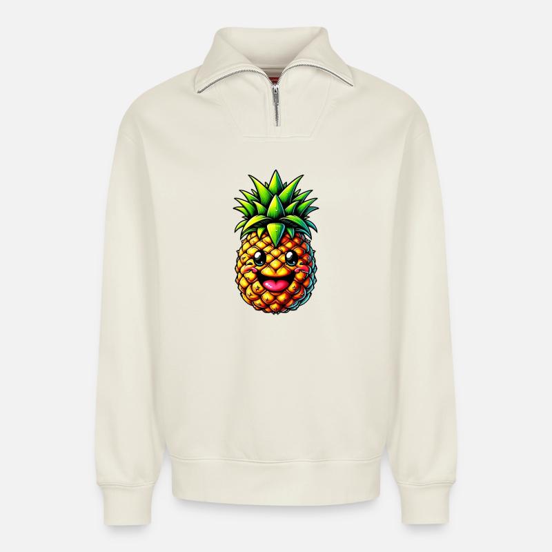 Ananas - Sweat unisexe décontracté en coton biologique à demi-zip – de SPREAD - blanc cassé