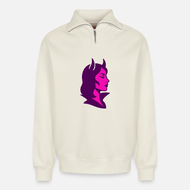 She-devil - Relaxed Unisex Organic Half Zip Sweatshirt – by SPREAD - off white