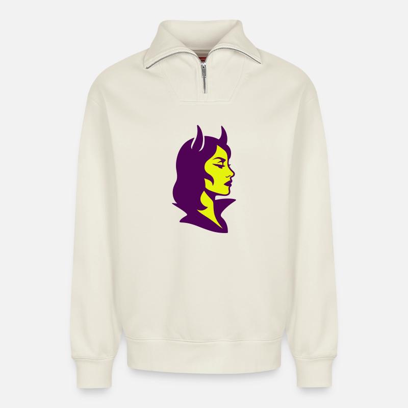 She Devil Pop Art - Relaxed Unisex Organic Half Zip Sweatshirt – von SPREAD - Naturweiß