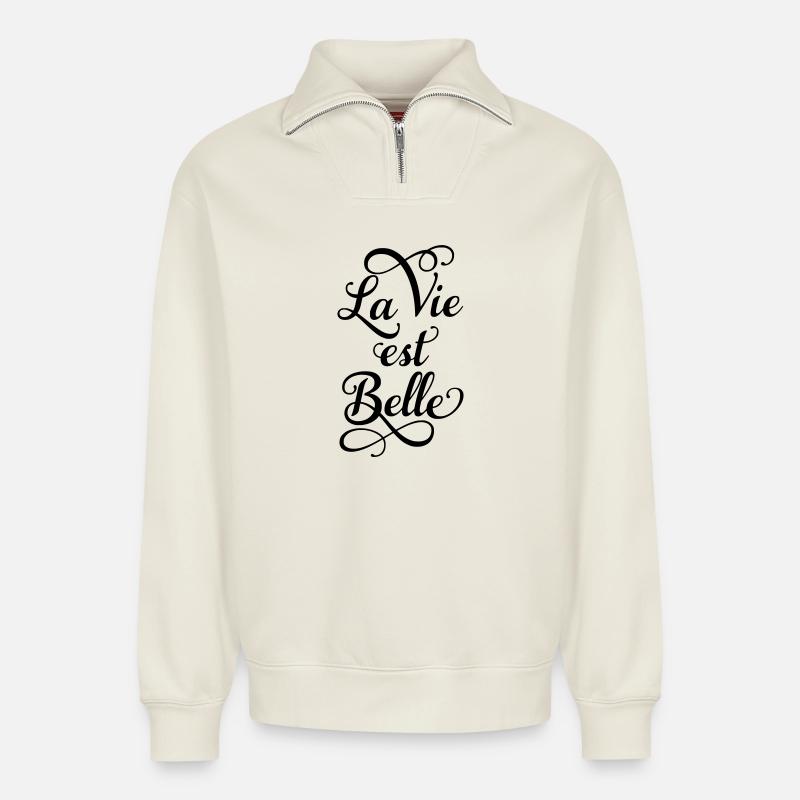 Das Leben ist gut - Relaxed Unisex Organic Half Zip Sweatshirt – von SPREAD - Naturweiß