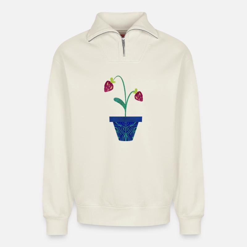 Erdbeere im Topf - Relaxed Unisex Organic Half Zip Sweatshirt – von SPREAD - Naturweiß