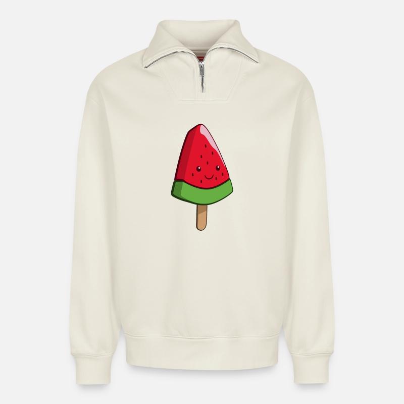 Wassermelonen Eiskunst am Stiel - Relaxed Unisex Organic Half Zip Sweatshirt – von SPREAD - Naturweiß
