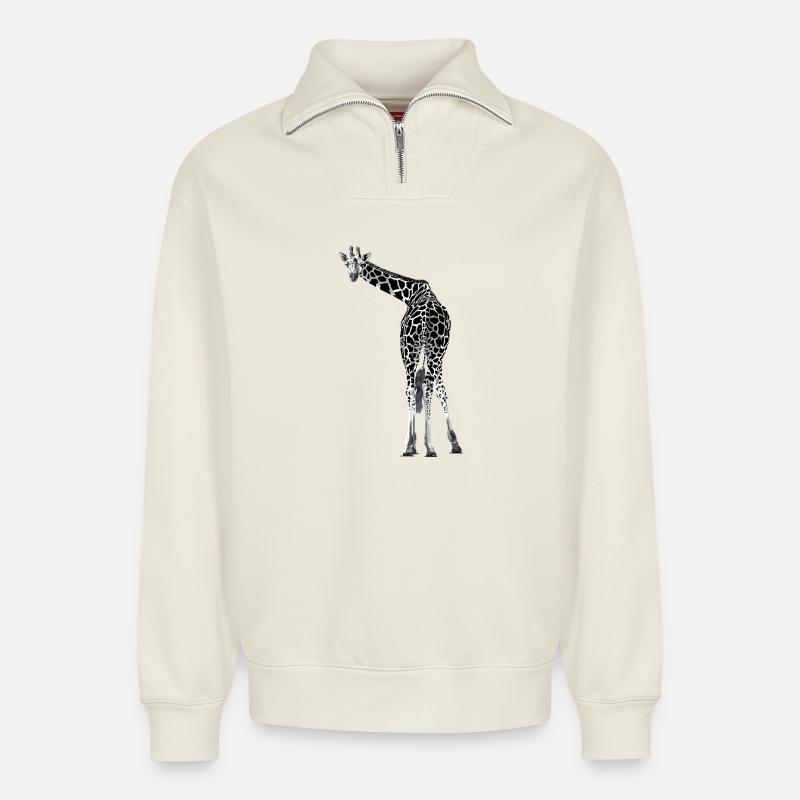 Giraffe greets friendly - Relaxed Unisex Organic Half Zip Sweatshirt – by SPREAD - off white