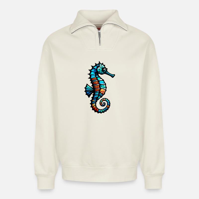 Hippocampe - Sweat unisexe décontracté en coton biologique à demi-zip – de SPREAD - blanc cassé