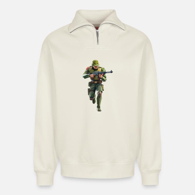 Army Soldier - Cooles Low-Poly-Logo - Relaxed Unisex Organic Half Zip Sweatshirt – von SPREAD - Naturweiß