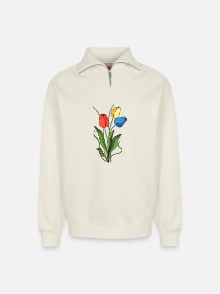 Fleur - Sweat unisexe décontracté en coton biologique à demi-zip – de SPREAD - blanc cassé