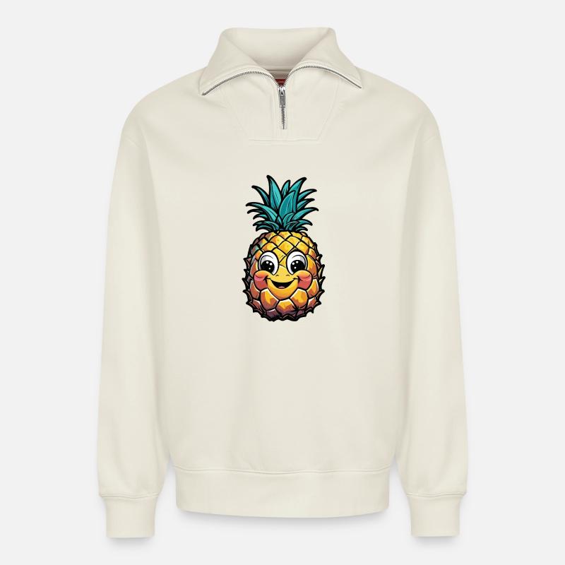 Lächelnde Ananas - Relaxed Unisex Organic Half Zip Sweatshirt – von SPREAD - Naturweiß