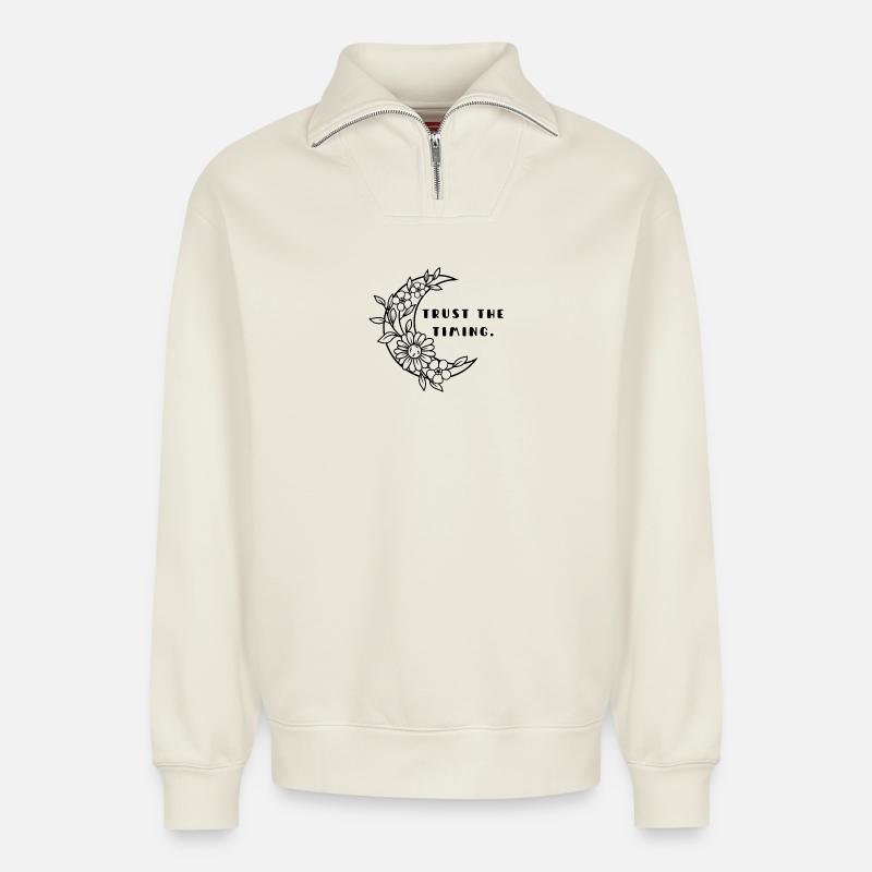 TRUST THE TIMING. - Relaxed Unisex Organic Half Zip Sweatshirt – von SPREAD - Naturweiß