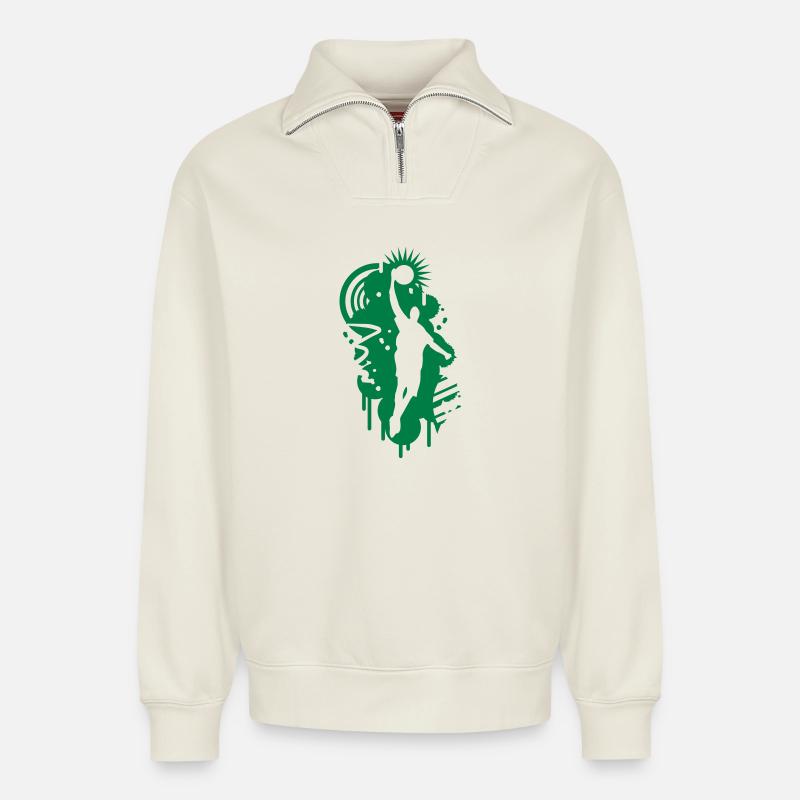 Basketball graffitis - Sweat unisexe décontracté en coton biologique à demi-zip – de SPREAD - blanc cassé