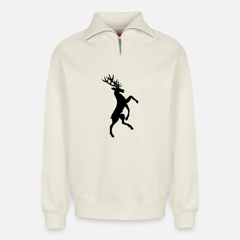 Stehende Hirsch Heraldik Schattenfigur - Relaxed Unisex Organic Half Zip Sweatshirt – von SPREAD - Naturweiß