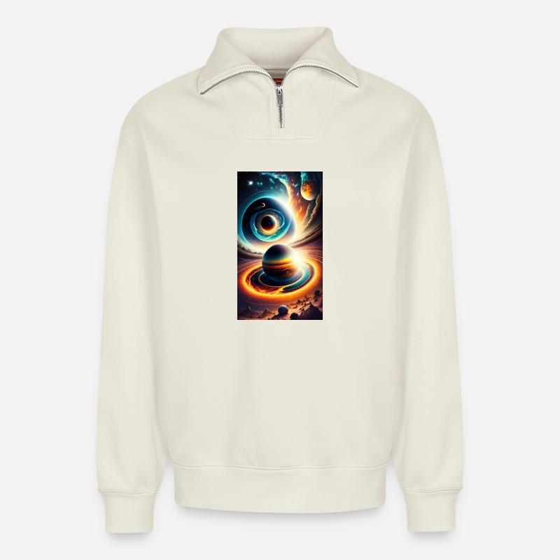 Universum mit Planet - Relaxed Unisex Organic Half Zip Sweatshirt – von SPREAD - Naturweiß