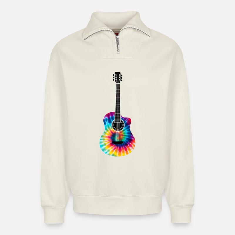 Mehrfarbiges Batik-Gitarrendesign - Relaxed Unisex Organic Half Zip Sweatshirt – von SPREAD - Naturweiß