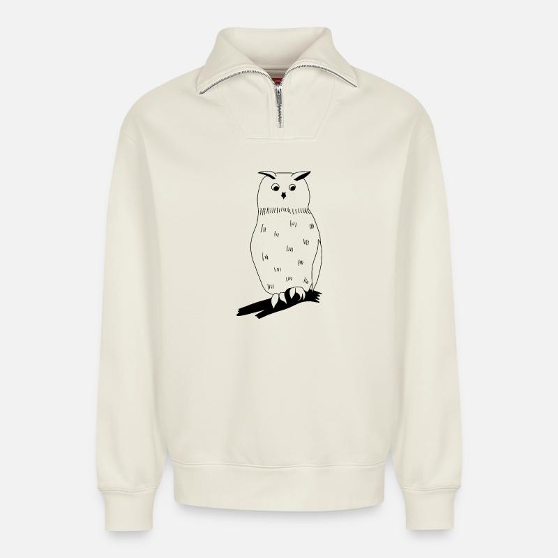 Uhu - Grafik schwarz-weiss - Relaxed Unisex Organic Half Zip Sweatshirt – von SPREAD - Naturweiß