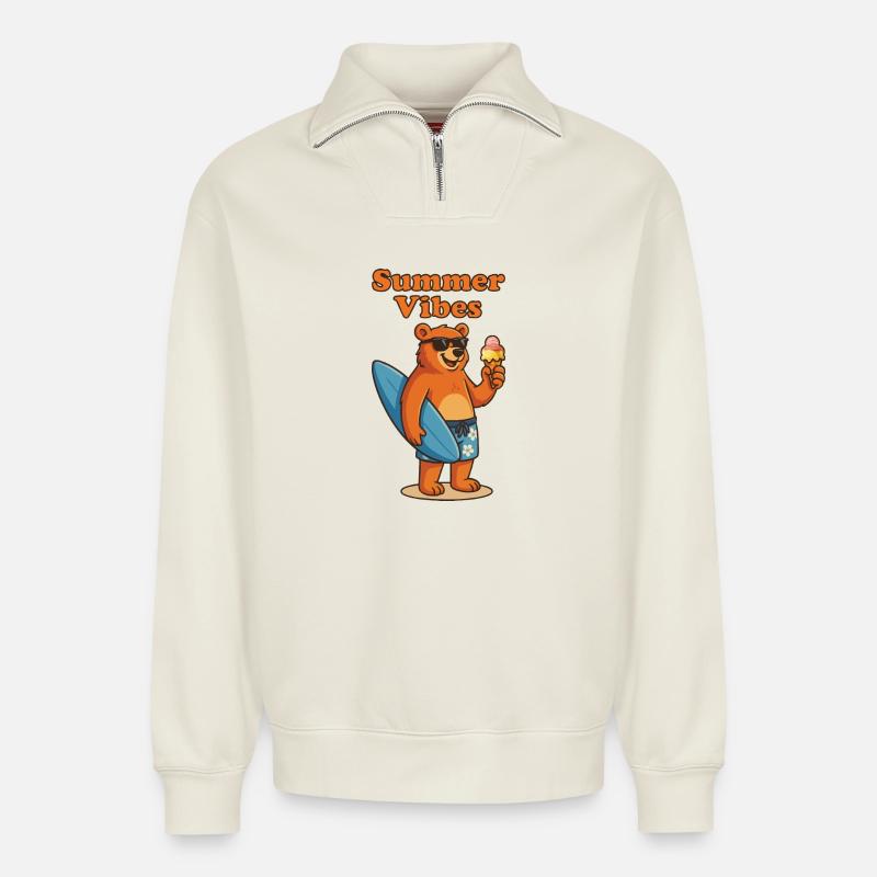 Summer Vibes Bear - Sommerbär mit Eis - Relaxed Unisex Organic Half Zip Sweatshirt – von SPREAD - Naturweiß