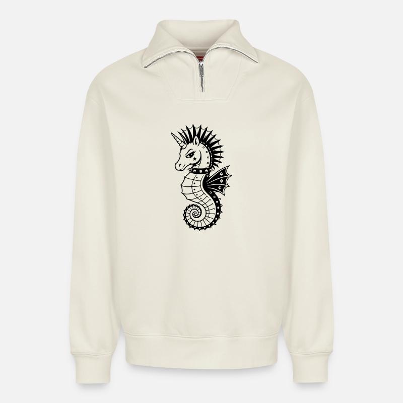 Punk Einhorn Seepferdchen Motiv - Relaxed Unisex Organic Half Zip Sweatshirt – von SPREAD - Naturweiß