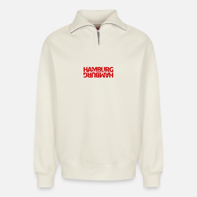 Hamburg Germany Bold Typography - Relaxed Unisex Organic Half Zip Sweatshirt – von SPREAD - Naturweiß