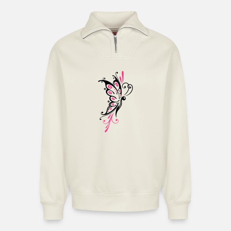 Papillon filigrané, ailes, tatouage tribal - Sweat unisexe décontracté en coton biologique à demi-zip – de SPREAD - blanc cassé