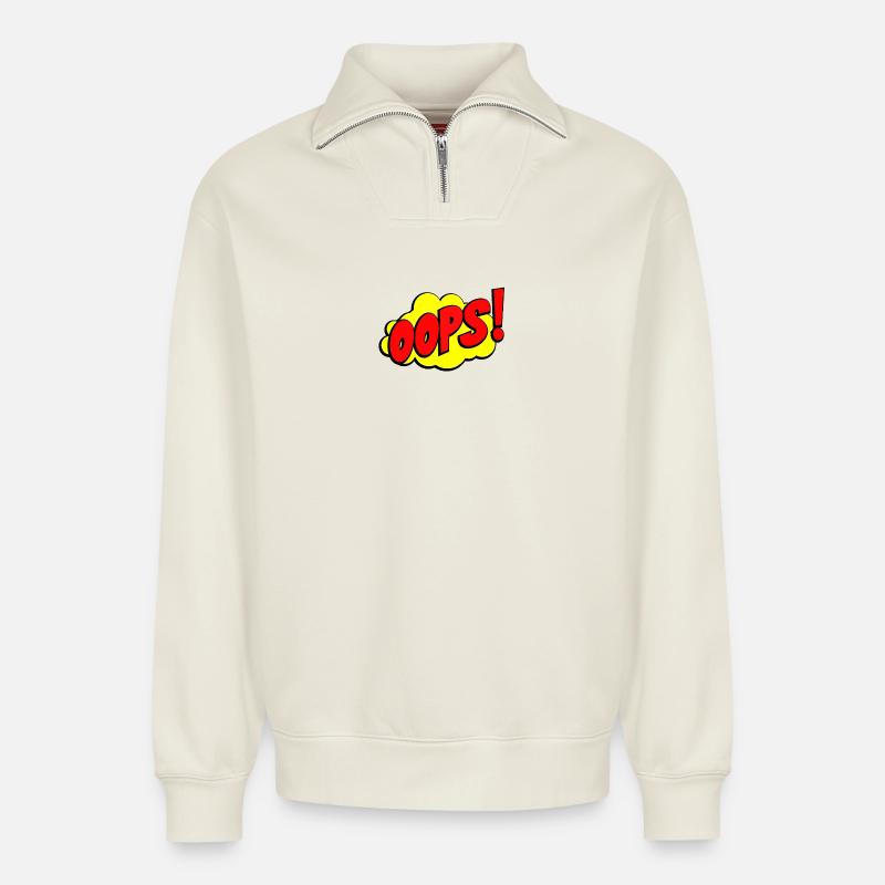 Cartoon Oops Comic Design - Relaxed Unisex Organic Half Zip Sweatshirt – by SPREAD - off white