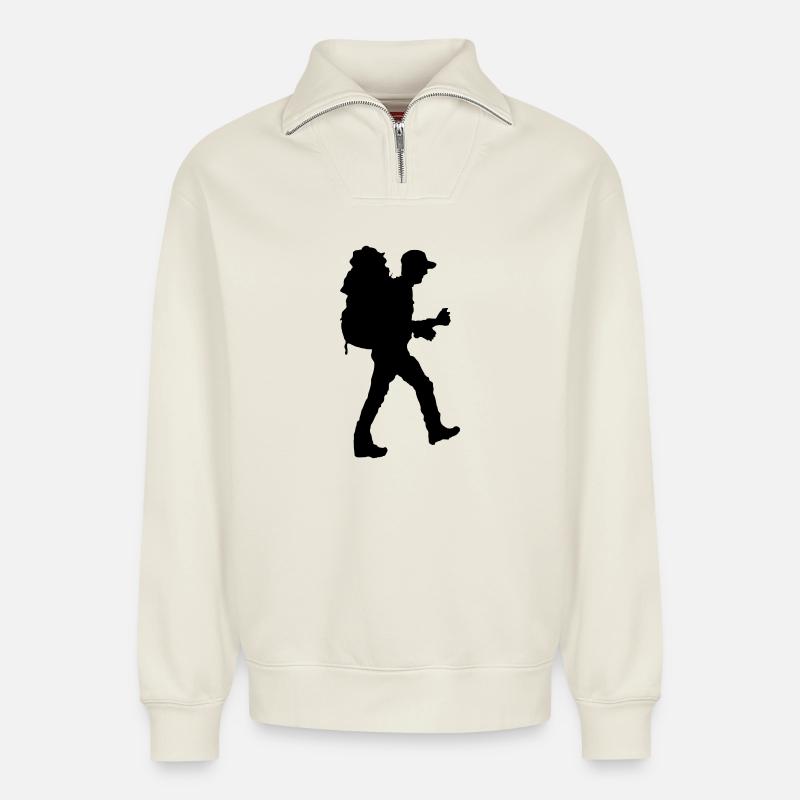 Backpacker Silhouette - Relaxed Unisex Organic Half Zip Sweatshirt – von SPREAD - Naturweiß
