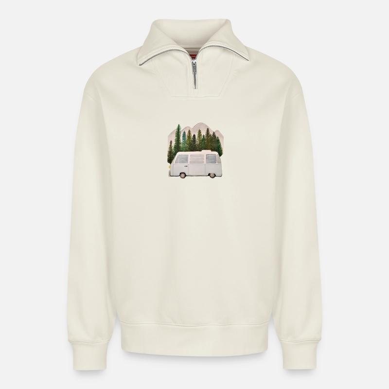 Camper Campingbus vor Bergen - Relaxed Unisex Organic Half Zip Sweatshirt – von SPREAD - Naturweiß