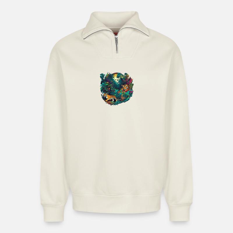 Jungle - Sweat unisexe décontracté en coton biologique à demi-zip – de SPREAD - blanc cassé