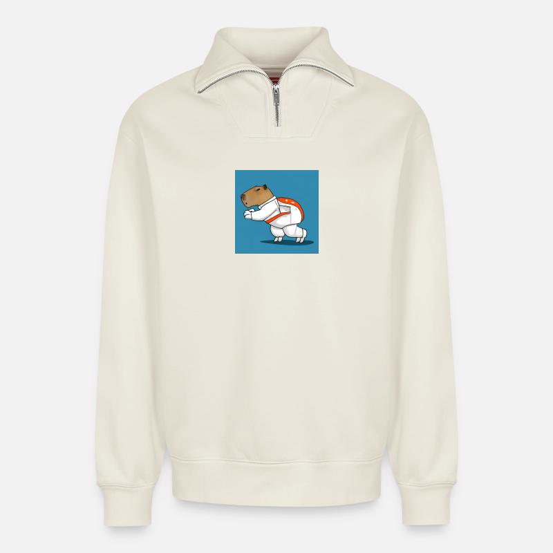 Astronaute de Capybara - Sweat unisexe décontracté en coton biologique à demi-zip – de SPREAD - blanc cassé