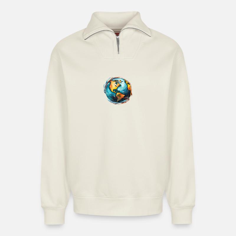 Globus in Bewegung - Relaxed Unisex Organic Half Zip Sweatshirt – von SPREAD - Naturweiß