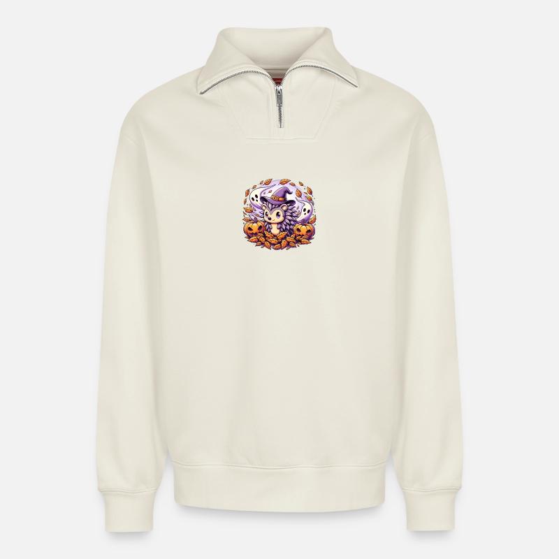 Hérisson Halloween Fantômes - Sweat unisexe décontracté en coton biologique à demi-zip – de SPREAD - blanc cassé