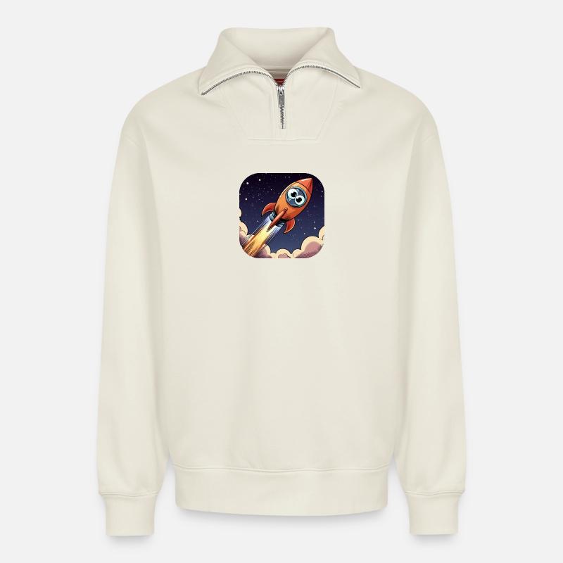 Comic Rakete mit Augen - Relaxed Unisex Organic Half Zip Sweatshirt – von SPREAD - Naturweiß