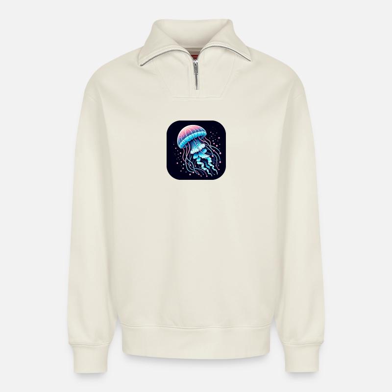 Méduse de dessin animé - Sweat unisexe décontracté en coton biologique à demi-zip – de SPREAD - blanc cassé