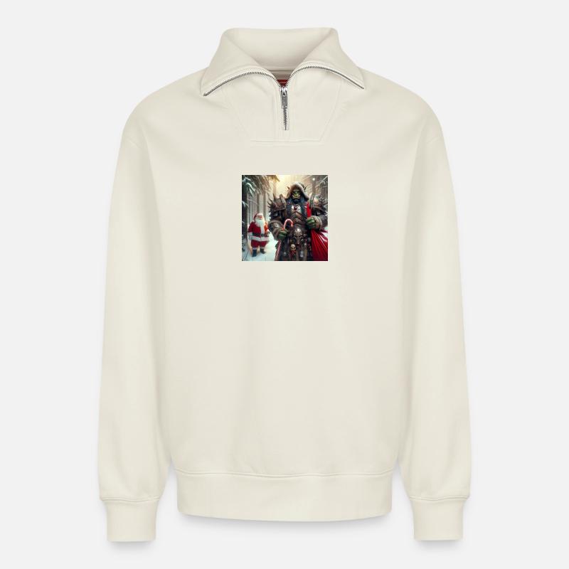 Noël Orc 1 - Sweat unisexe décontracté en coton biologique à demi-zip – de SPREAD - blanc cassé