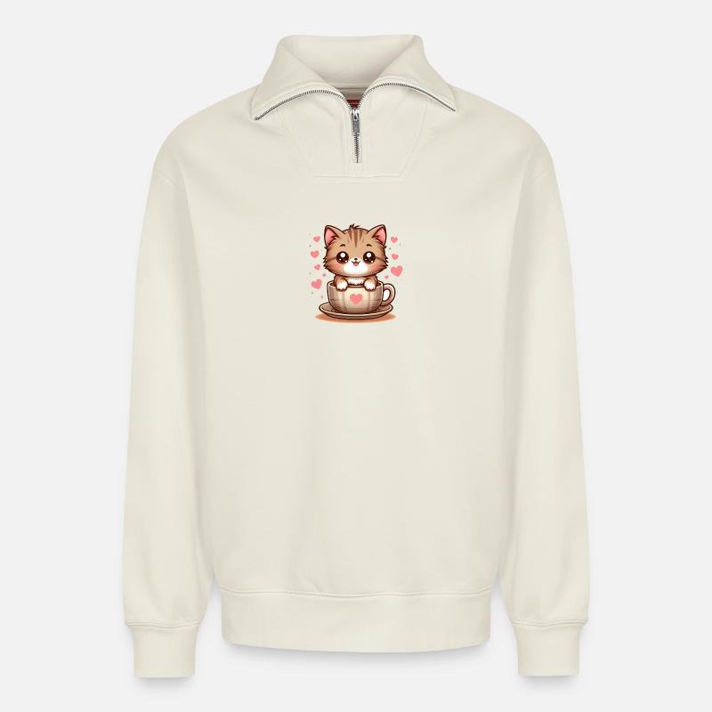 Katze mit Kaffeebecher 2 - Relaxed Unisex Organic Half Zip Sweatshirt – von SPREAD - Naturweiß