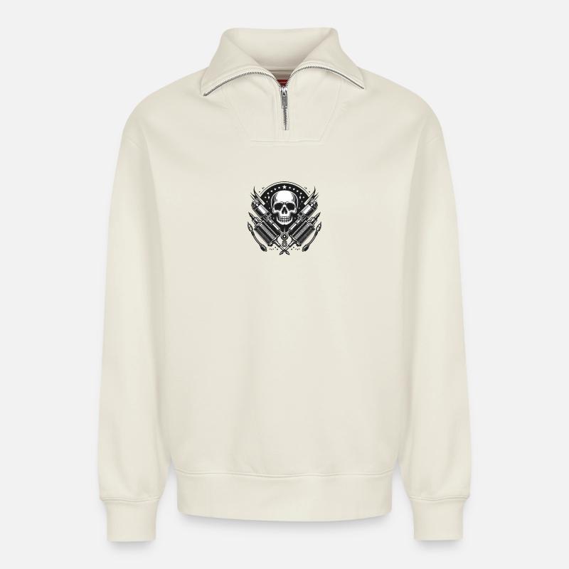 Biker Skull Design 1 - Relaxed Unisex Organic Half Zip Sweatshirt – von SPREAD - Naturweiß
