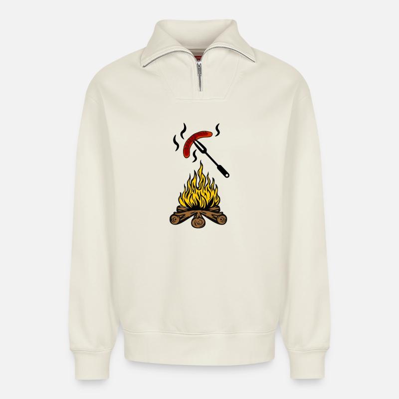 Lagerfeuer mit Bratwurst - Relaxed Unisex Organic Half Zip Sweatshirt – von SPREAD - Naturweiß