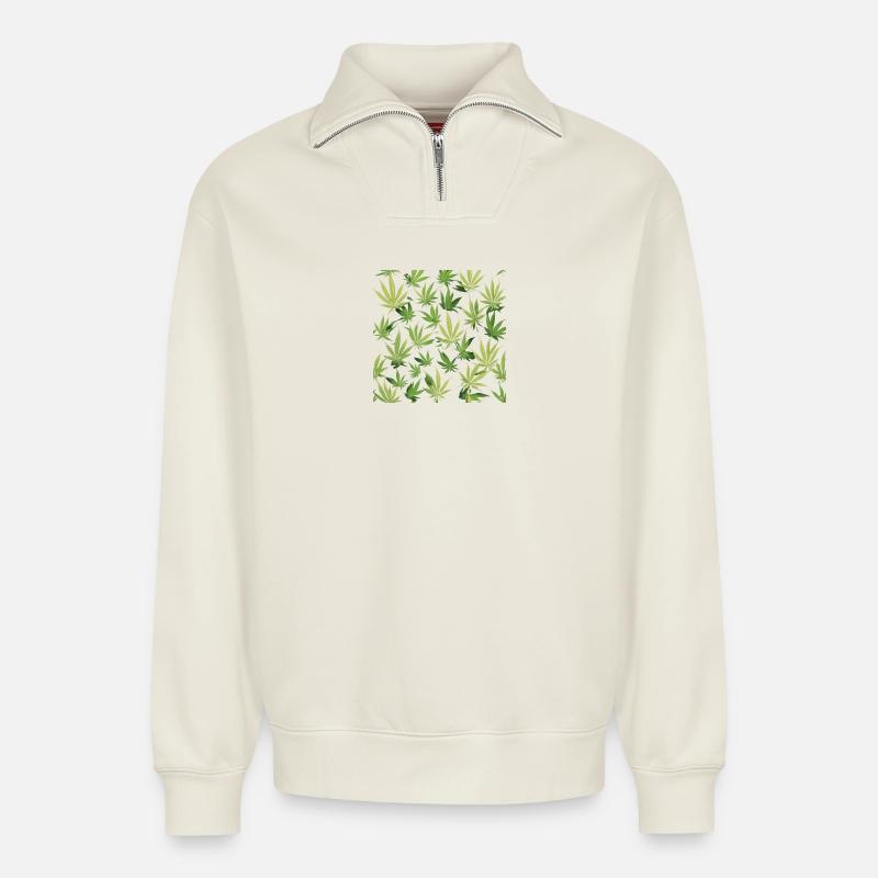 Cannabis 2 - Sweat unisexe décontracté en coton biologique à demi-zip – de SPREAD - blanc cassé
