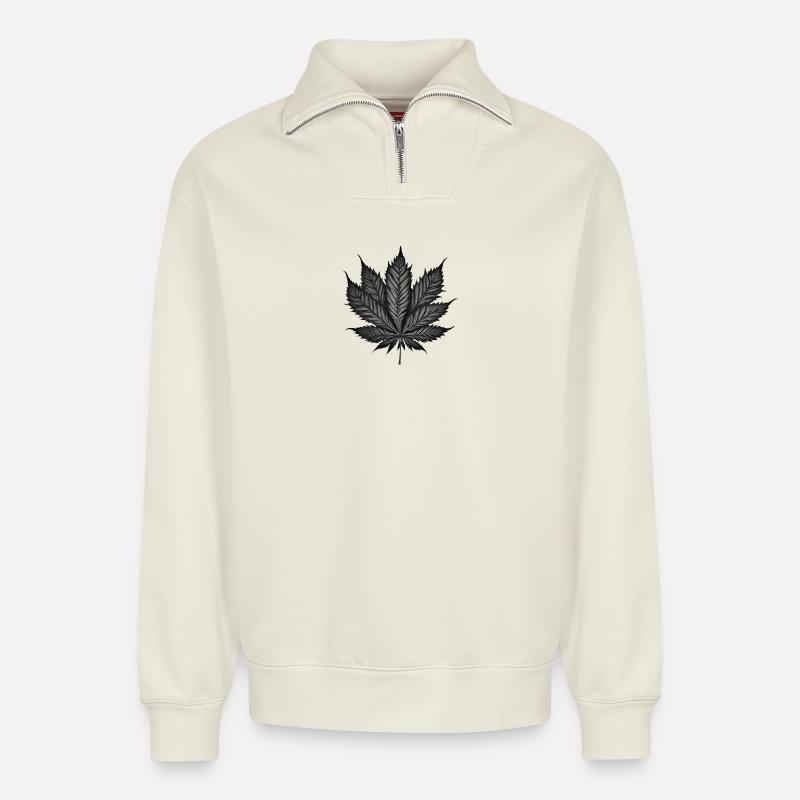 Monochromes Cannabisblatt auf Schwarz - Relaxed Unisex Organic Half Zip Sweatshirt – von SPREAD - Naturweiß