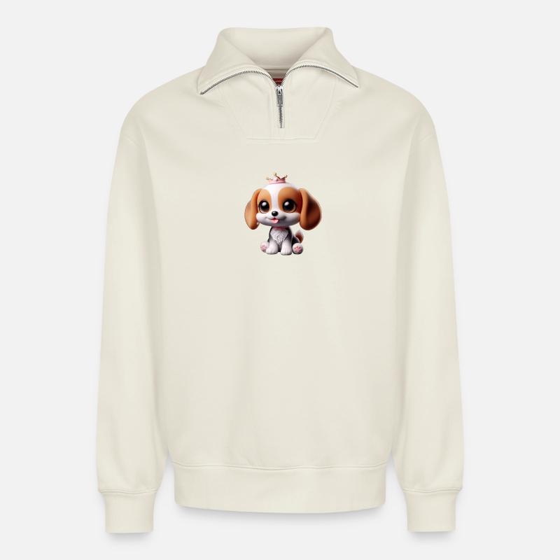 Verspieltes Hundemotiv mit Krone - Relaxed Unisex Organic Half Zip Sweatshirt – von SPREAD - Naturweiß