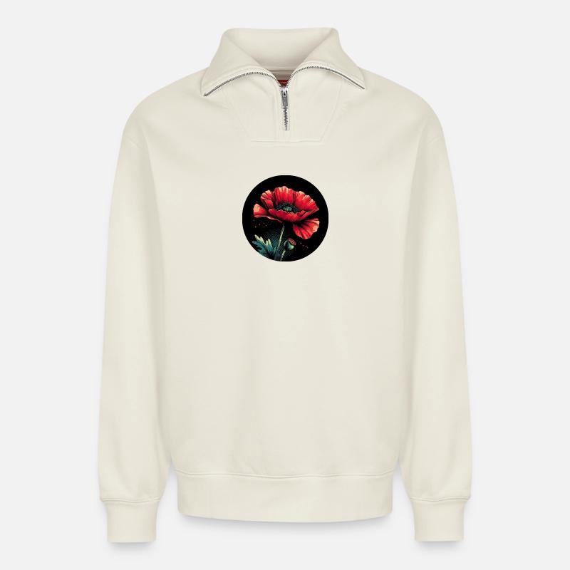Rouge coquelicot - Sweat unisexe décontracté en coton biologique à demi-zip – de SPREAD - blanc cassé