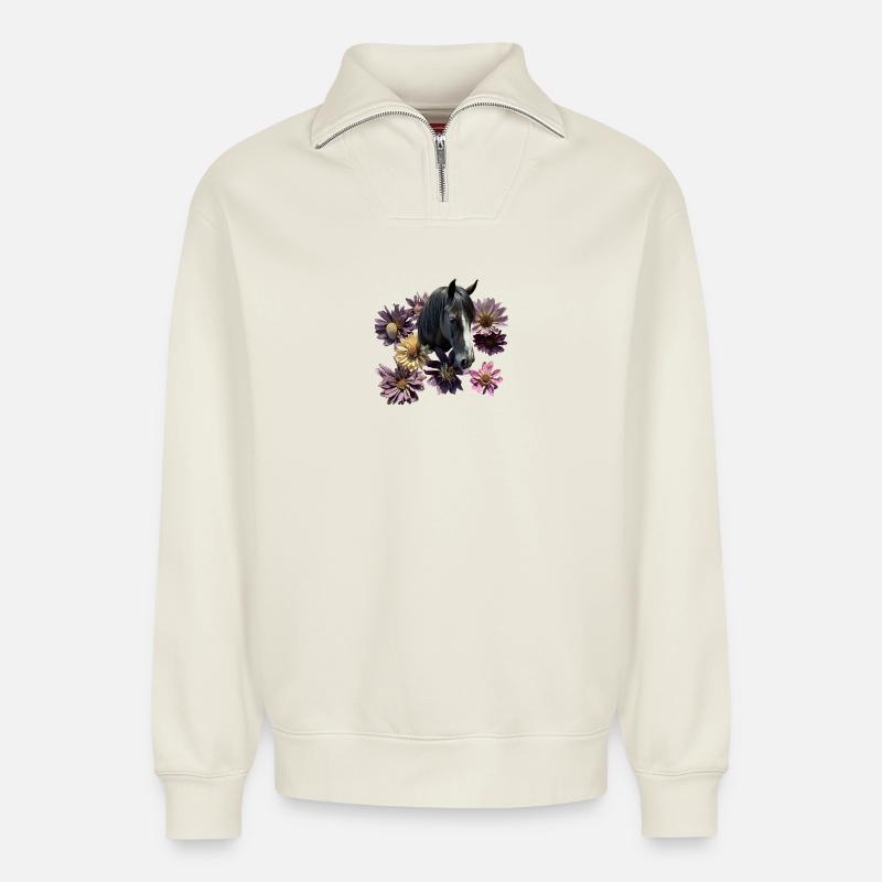 Pferdekopf Flower - Relaxed Unisex Organic Half Zip Sweatshirt – von SPREAD - Naturweiß
